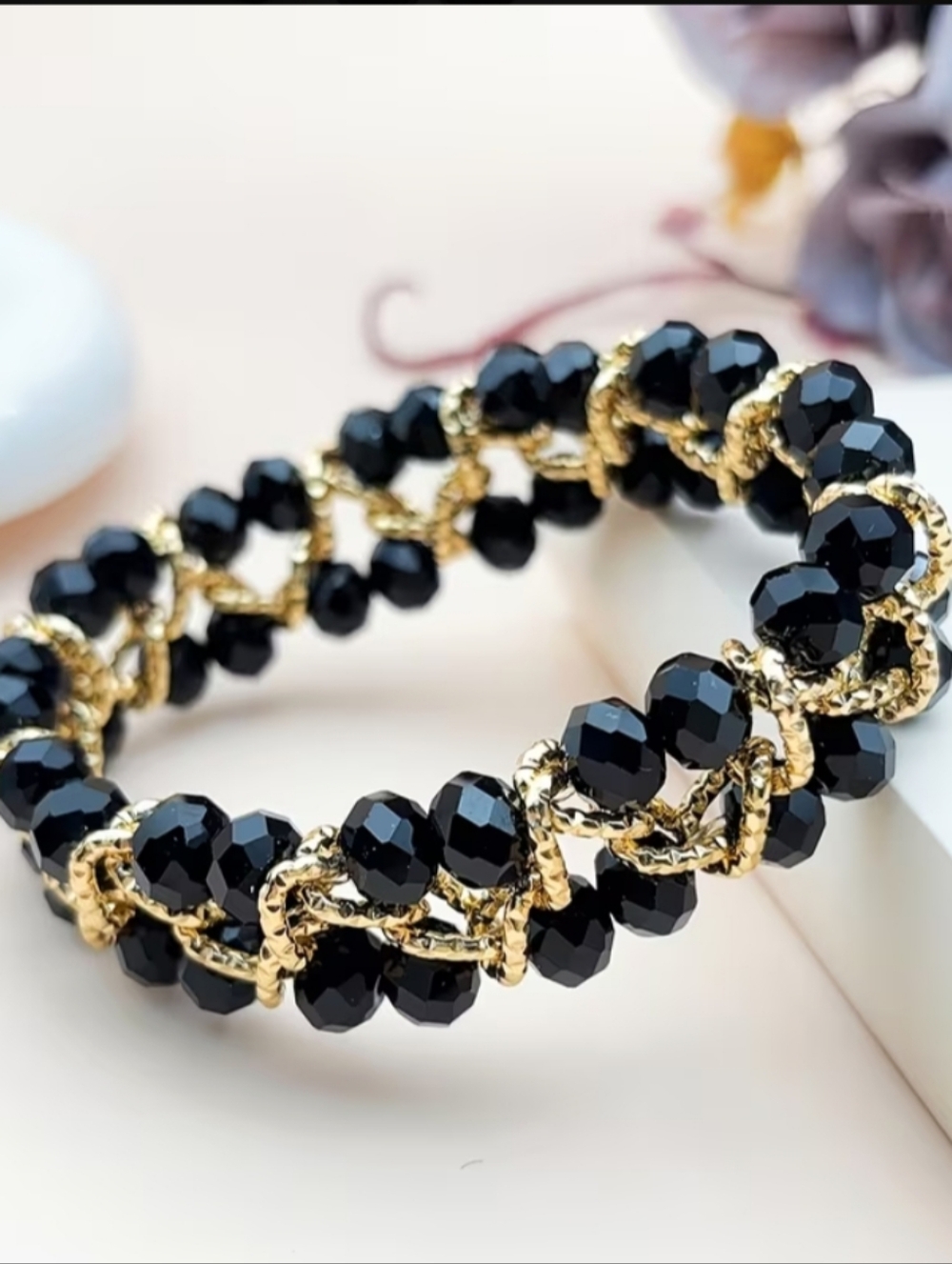 Gold & Black Faceted Bead Wrap Bracelet — Women's Elegant Bracelet